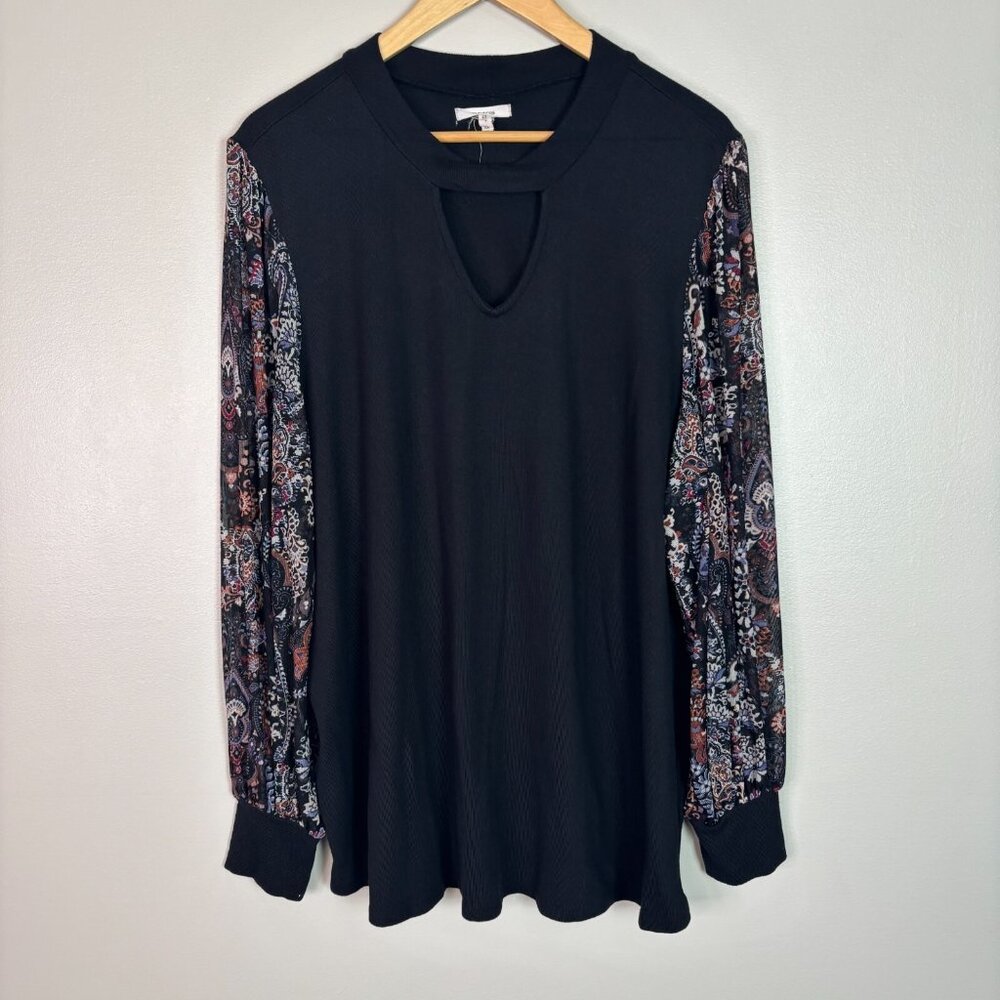 Maurices Top 2X Black Knit‎ Keyhole Neck Mesh Sleeves Stretch Women's